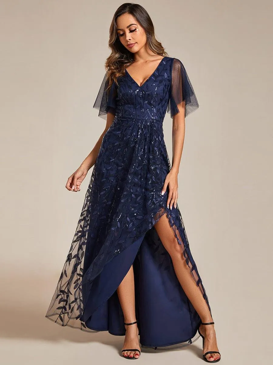 Robes de soirée pailletées à col en V et fente haute