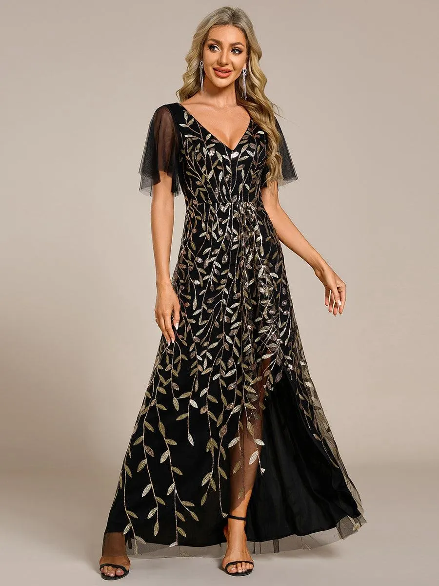 Robes de soirée pailletées à col en V et fente haute