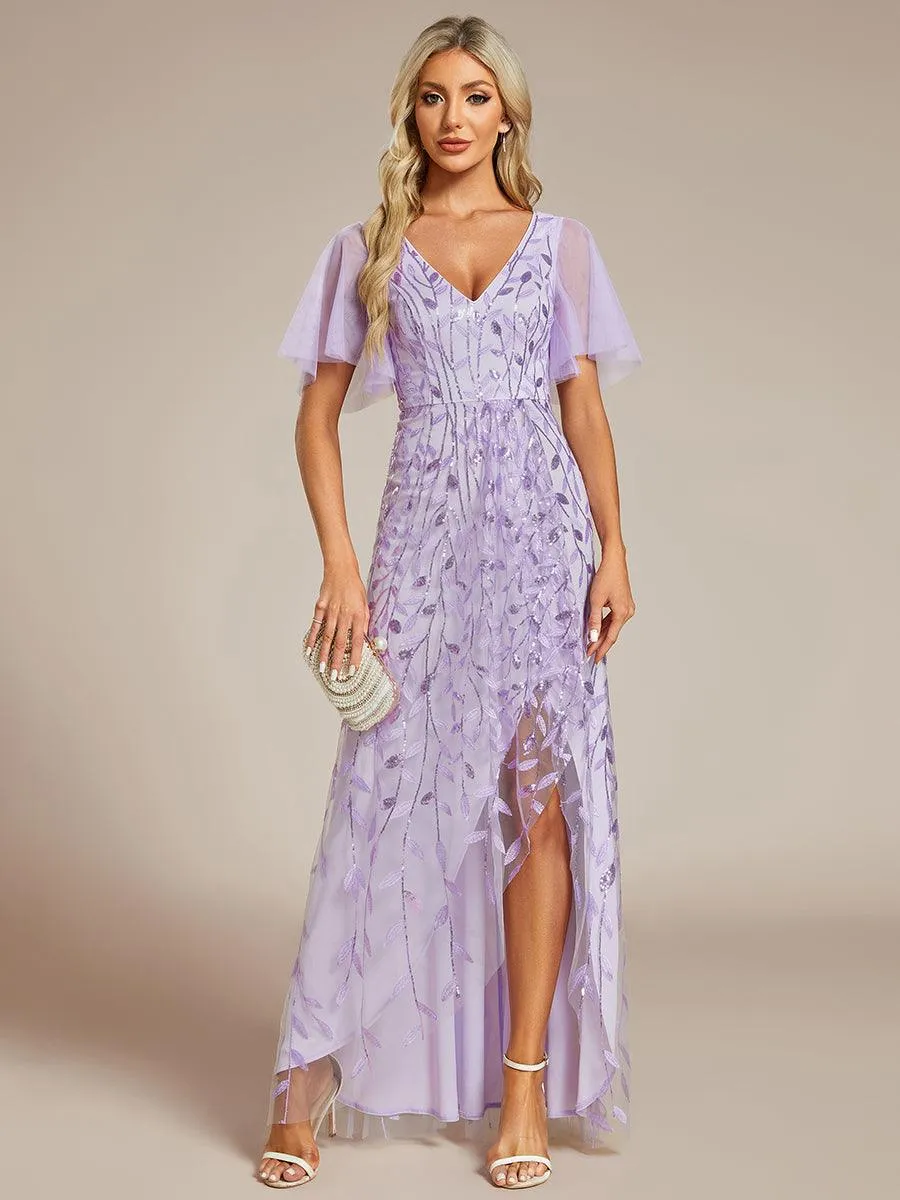 Robes de soirée pailletées à col en V et fente haute