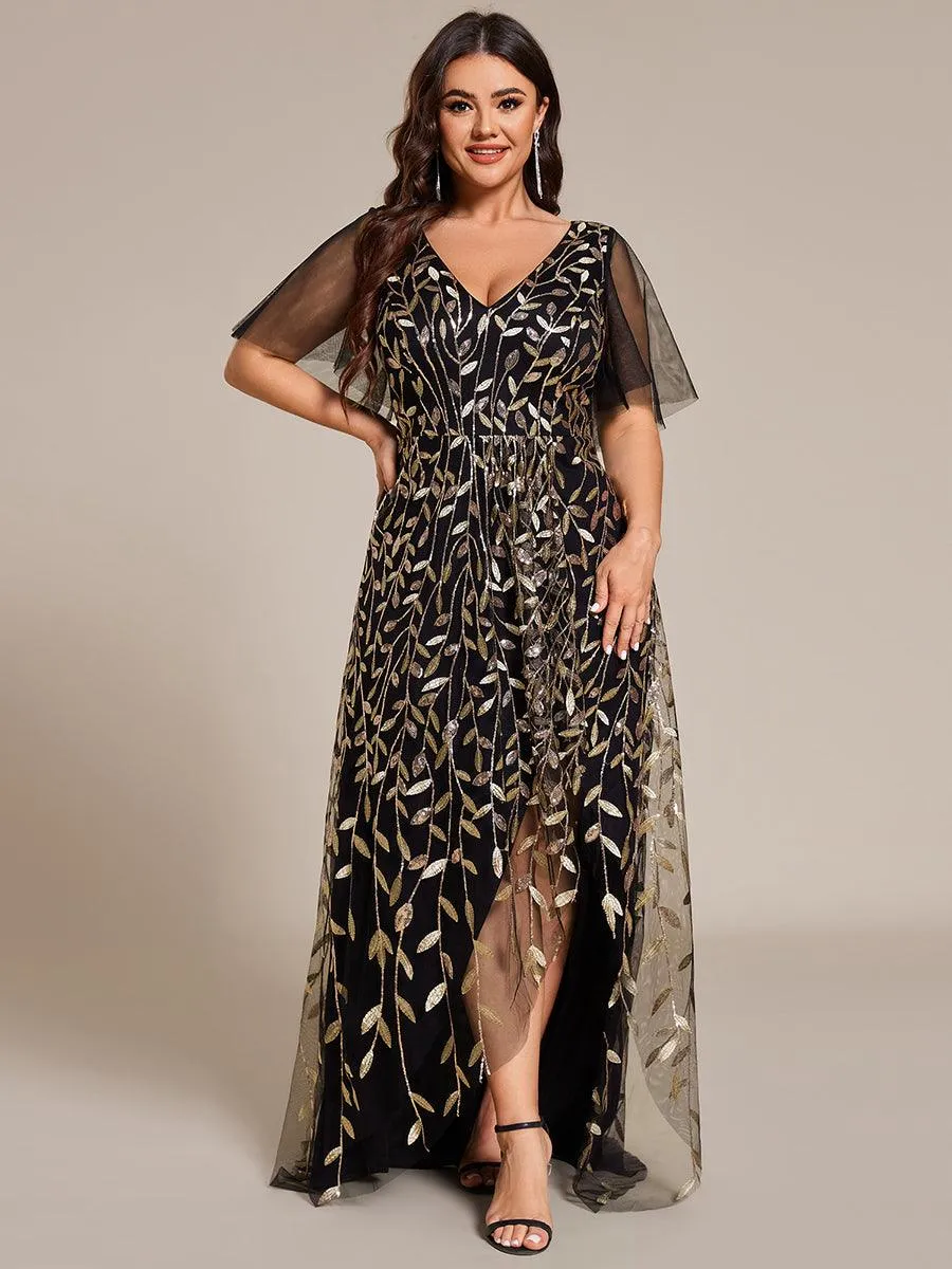 Robes de soirée pailletées à col en V et fente haute