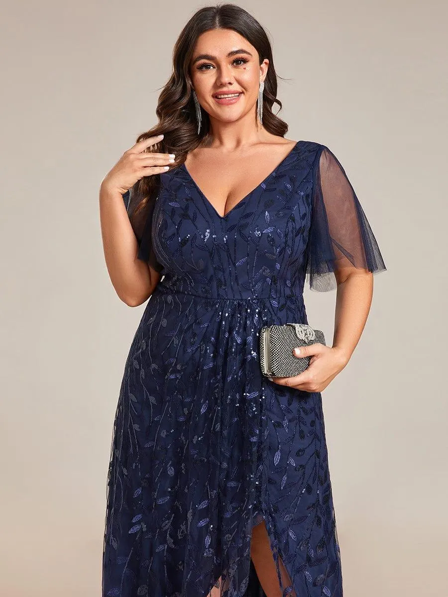 Robes de soirée pailletées à col en V et fente haute