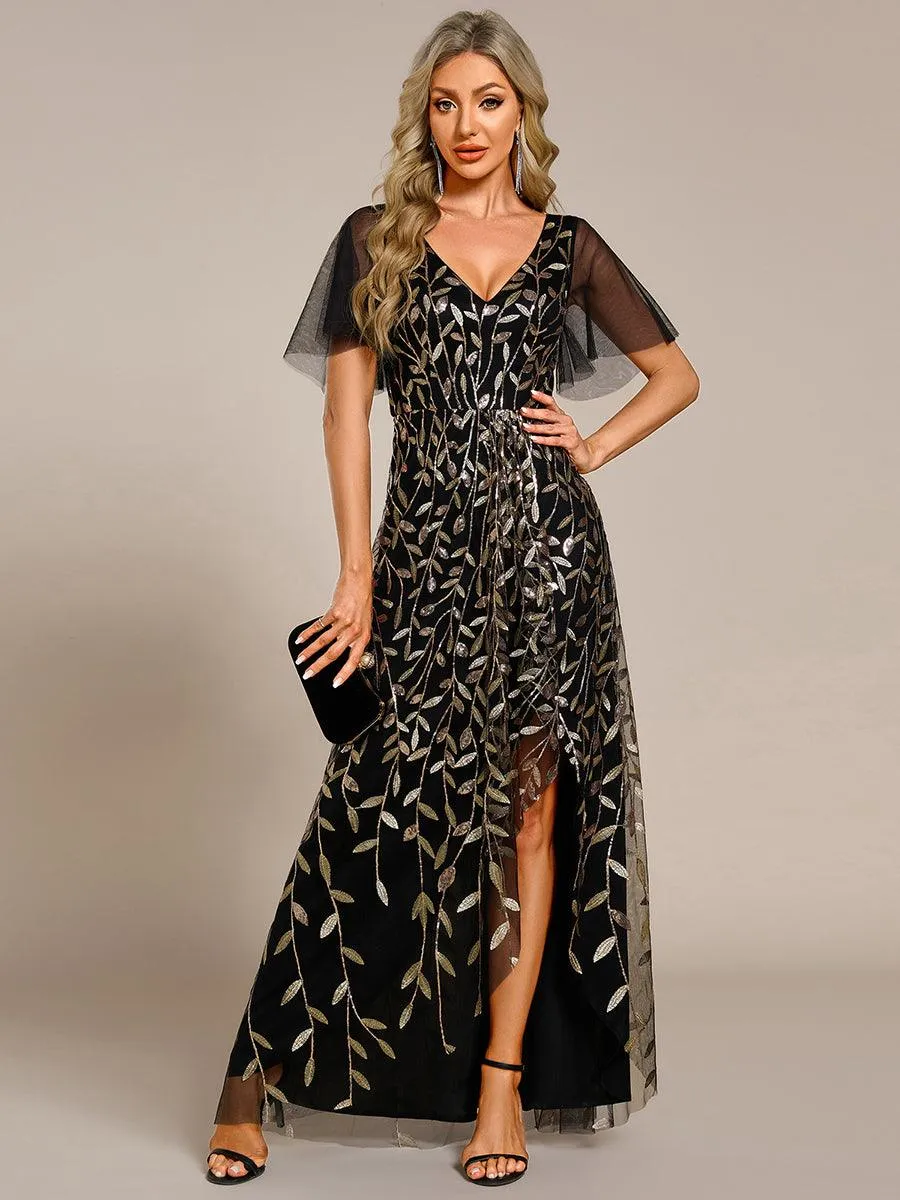 Robes de soirée pailletées à col en V et fente haute