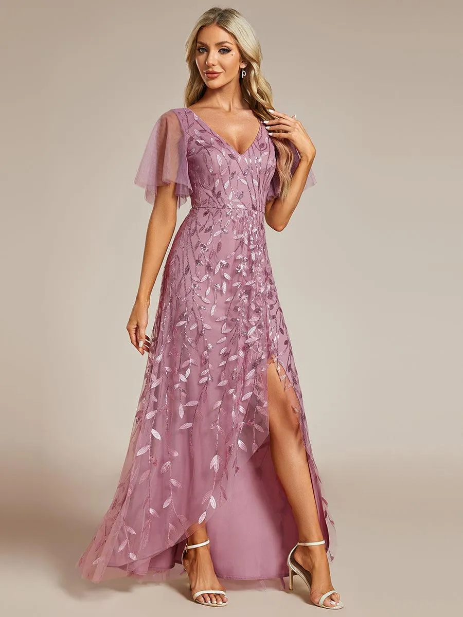 Robes de soirée pailletées à col en V et fente haute