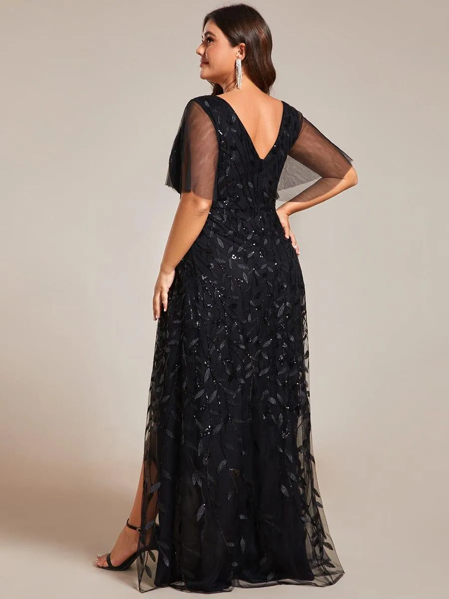 Robes de soirée pailletées à col en V et fente haute
