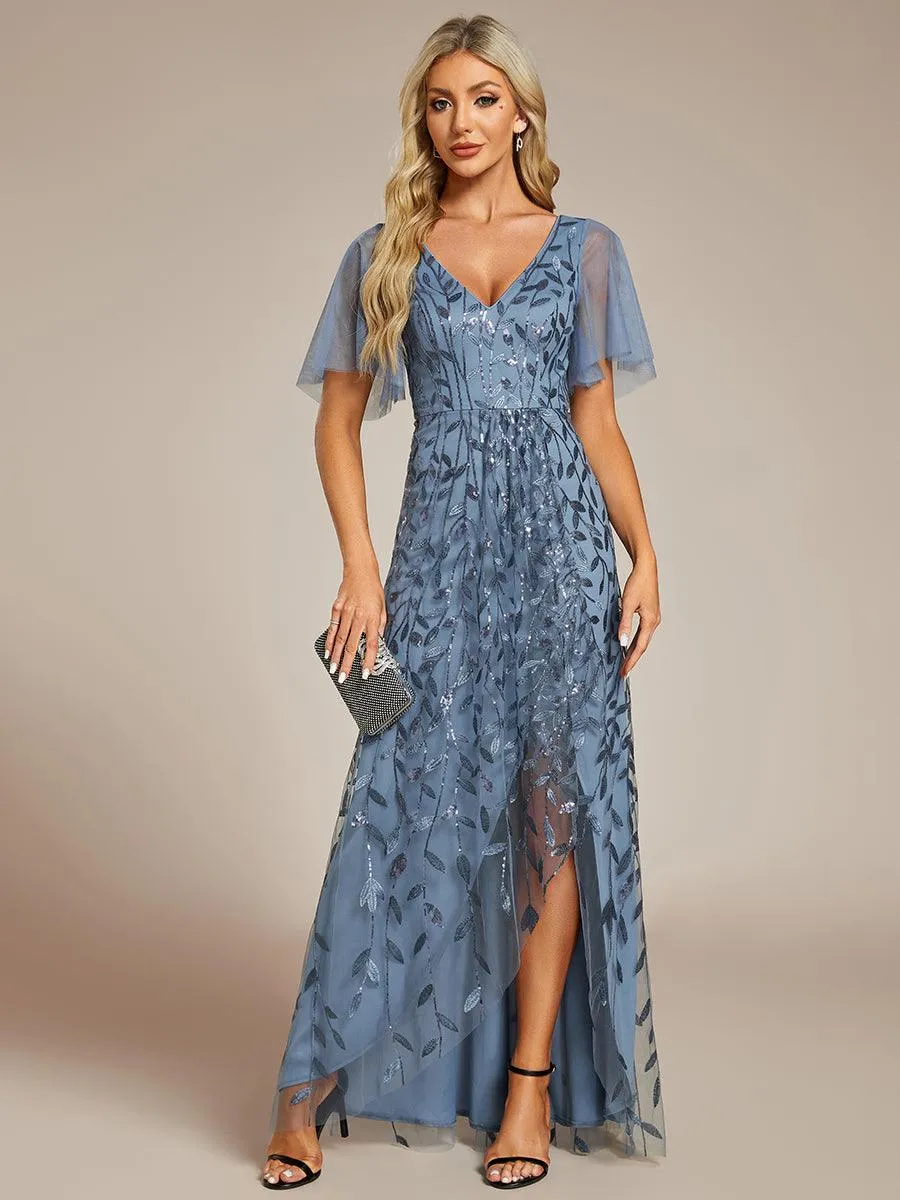 Robes de soirée pailletées à col en V et fente haute