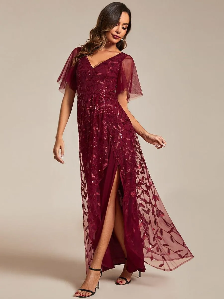 Robes de soirée pailletées à col en V et fente haute