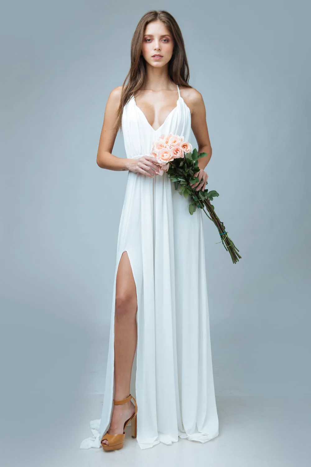 ROMANICA Plunge Front Crossed Back Maxi Dress with High Slit (White)