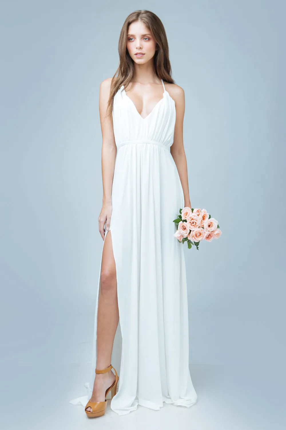 ROMANICA Plunge Front Crossed Back Maxi Dress with High Slit (White)