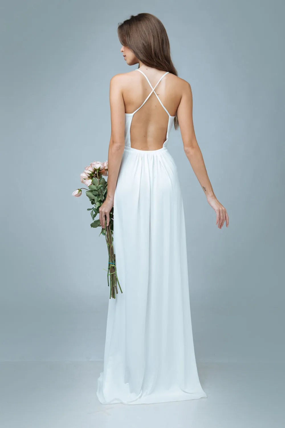 ROMANICA Plunge Front Crossed Back Maxi Dress with High Slit (White)