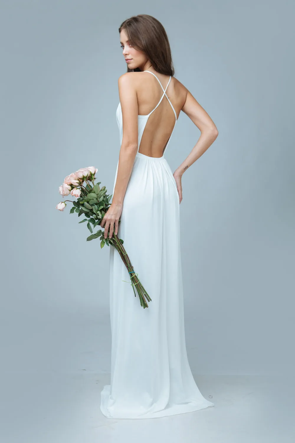 ROMANICA Plunge Front Crossed Back Maxi Dress with High Slit (White)