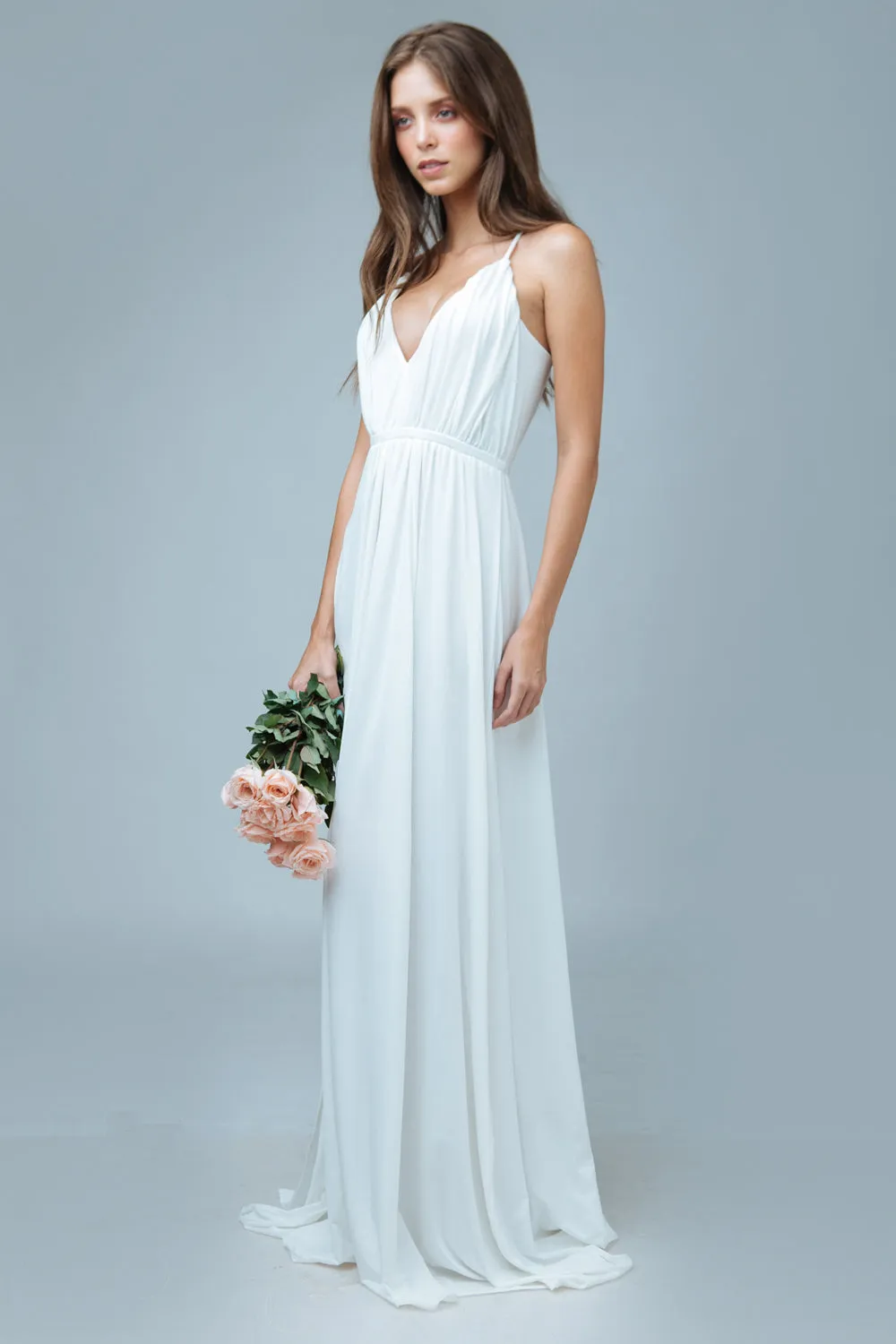 ROMANICA Plunge Front Crossed Back Maxi Dress with High Slit (White)