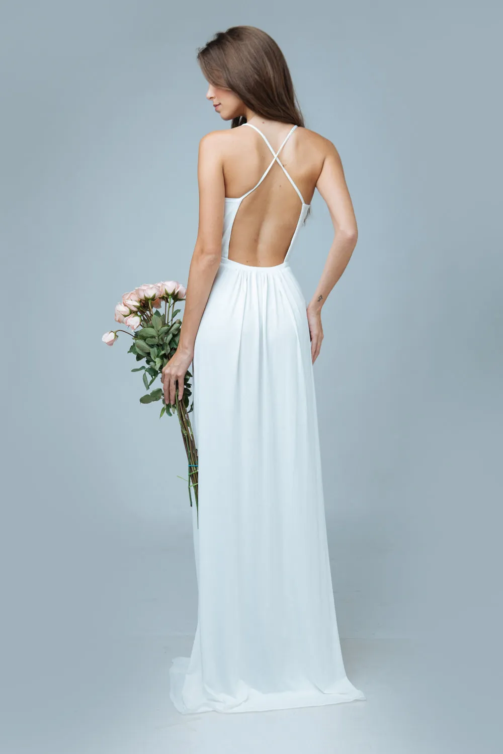 ROMANICA Plunge Front Crossed Back Maxi Dress with High Slit (White)