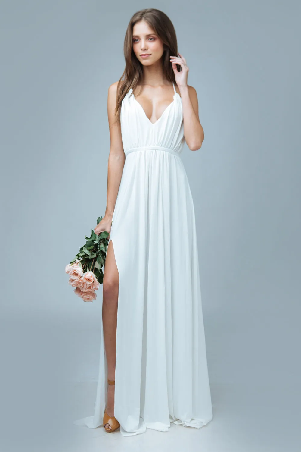 ROMANICA Plunge Front Crossed Back Maxi Dress with High Slit (White)
