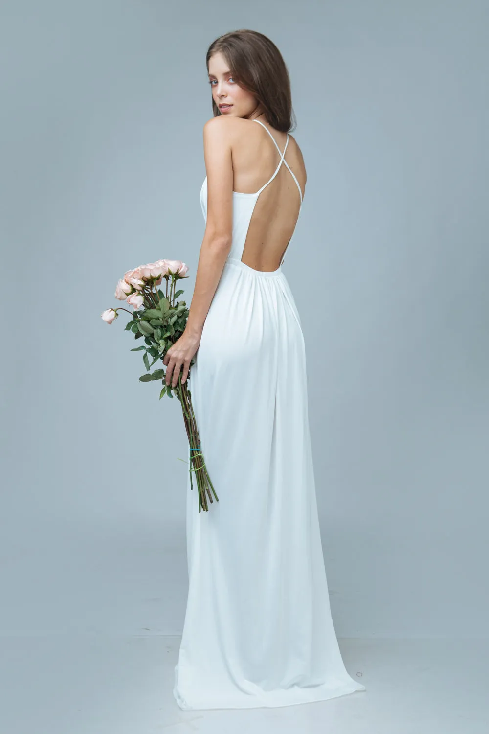 ROMANICA Plunge Front Crossed Back Maxi Dress with High Slit (White)
