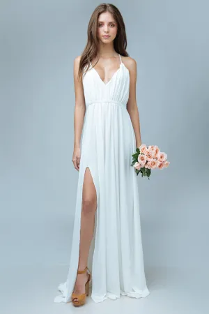 ROMANICA Plunge Front Crossed Back Maxi Dress with High Slit (White)