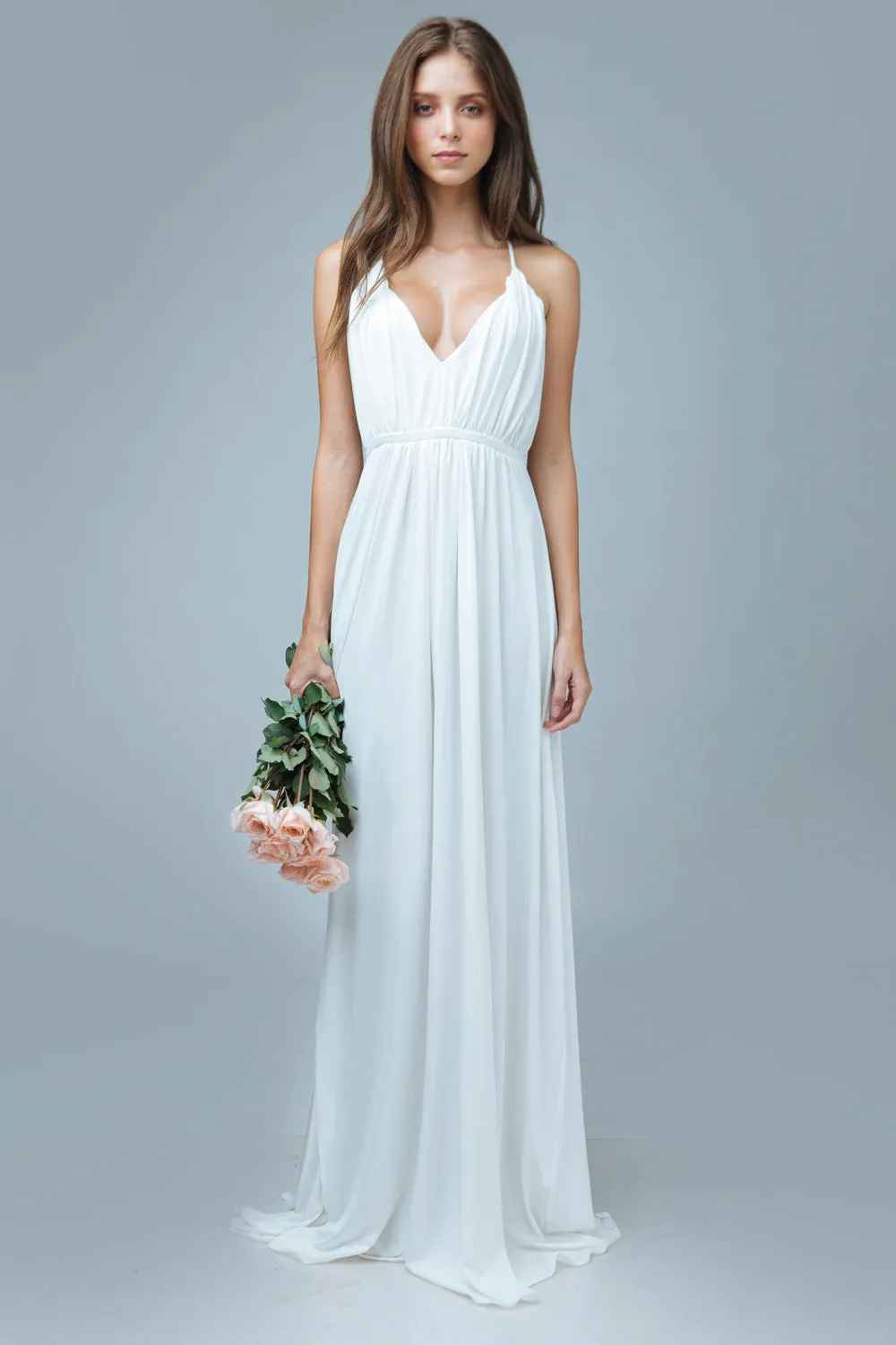 ROMANICA Plunge Front Crossed Back Maxi Dress with High Slit (White)