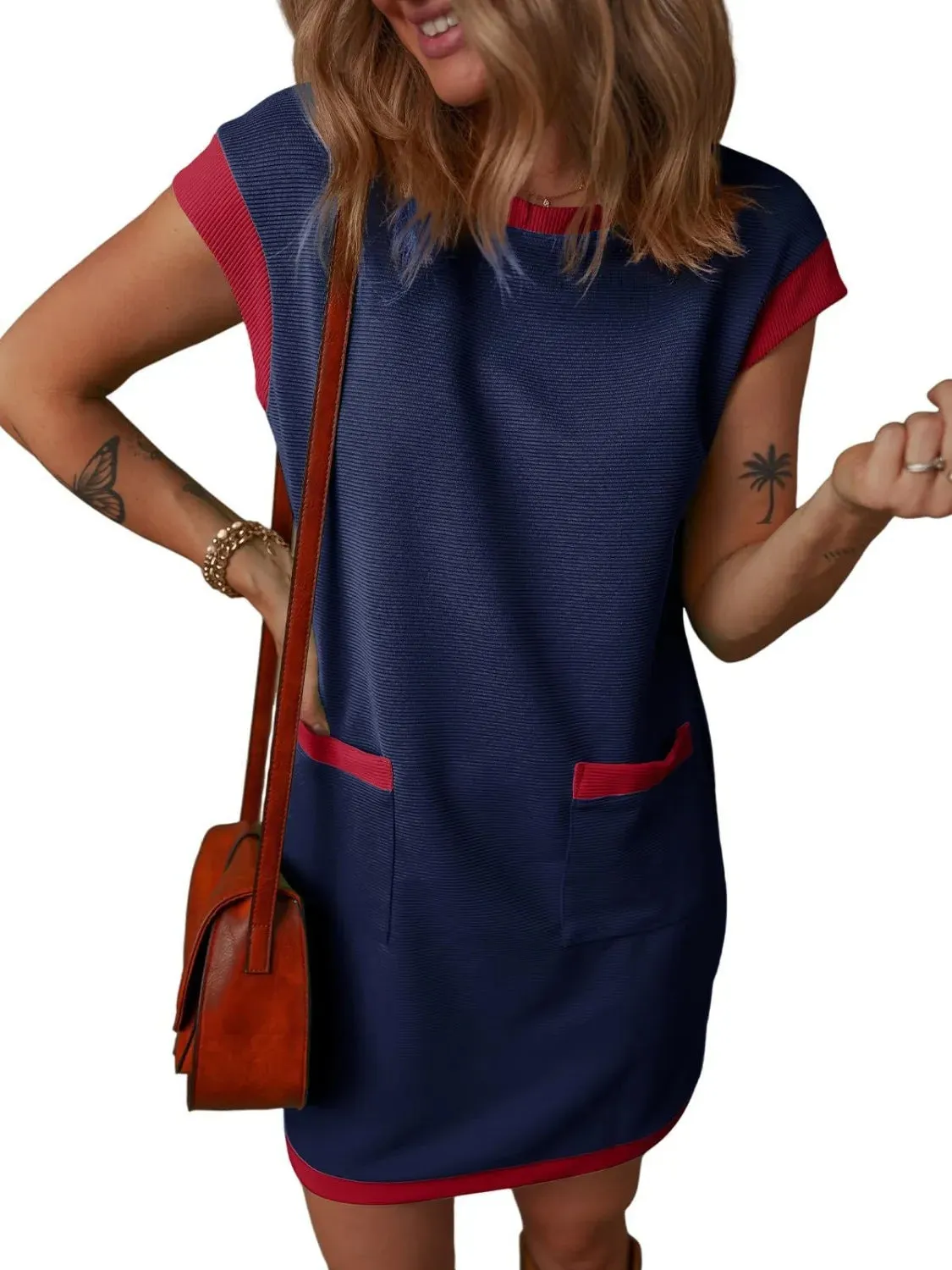 Round Neck Cap Sleeve Mini Dress