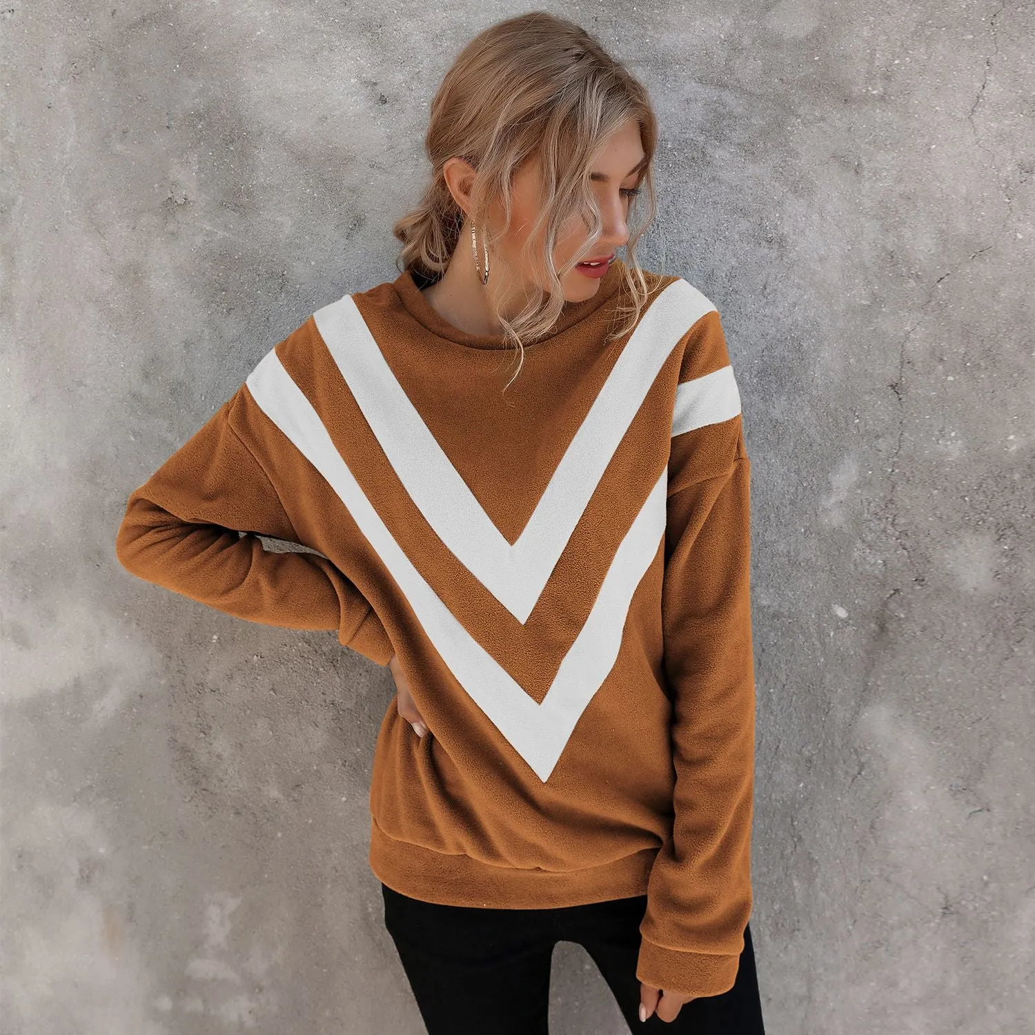 Round Neck Loose Striped Long Sleeve Sweatshirts Top