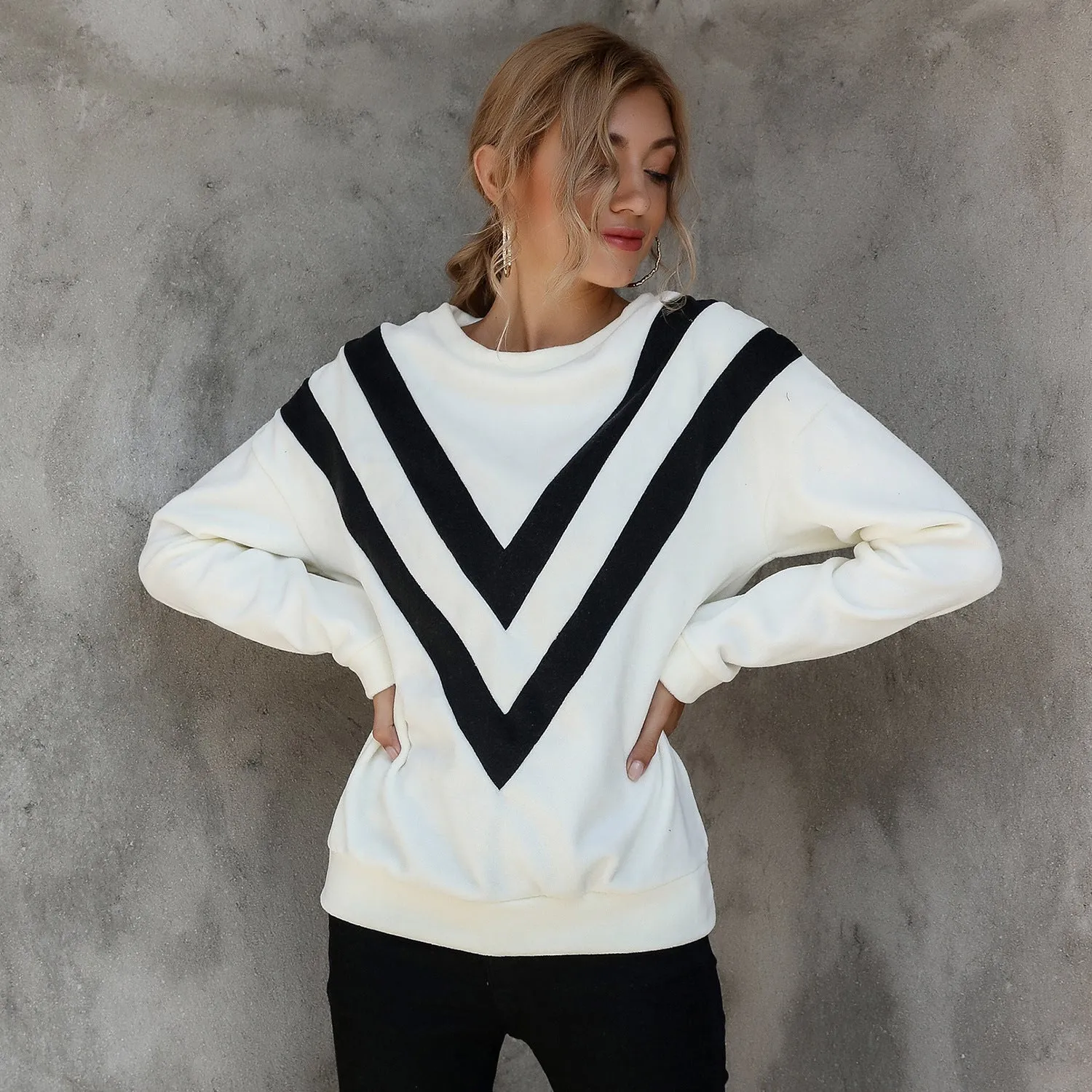 Round Neck Loose Striped Long Sleeve Sweatshirts Top