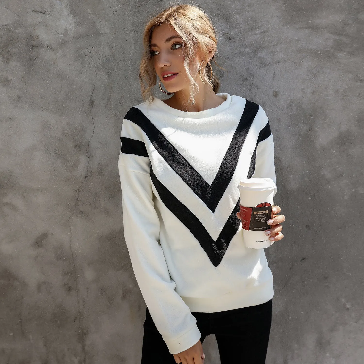 Round Neck Loose Striped Long Sleeve Sweatshirts Top