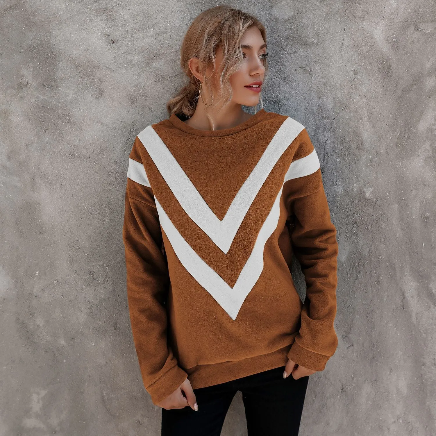 Round Neck Loose Striped Long Sleeve Sweatshirts Top