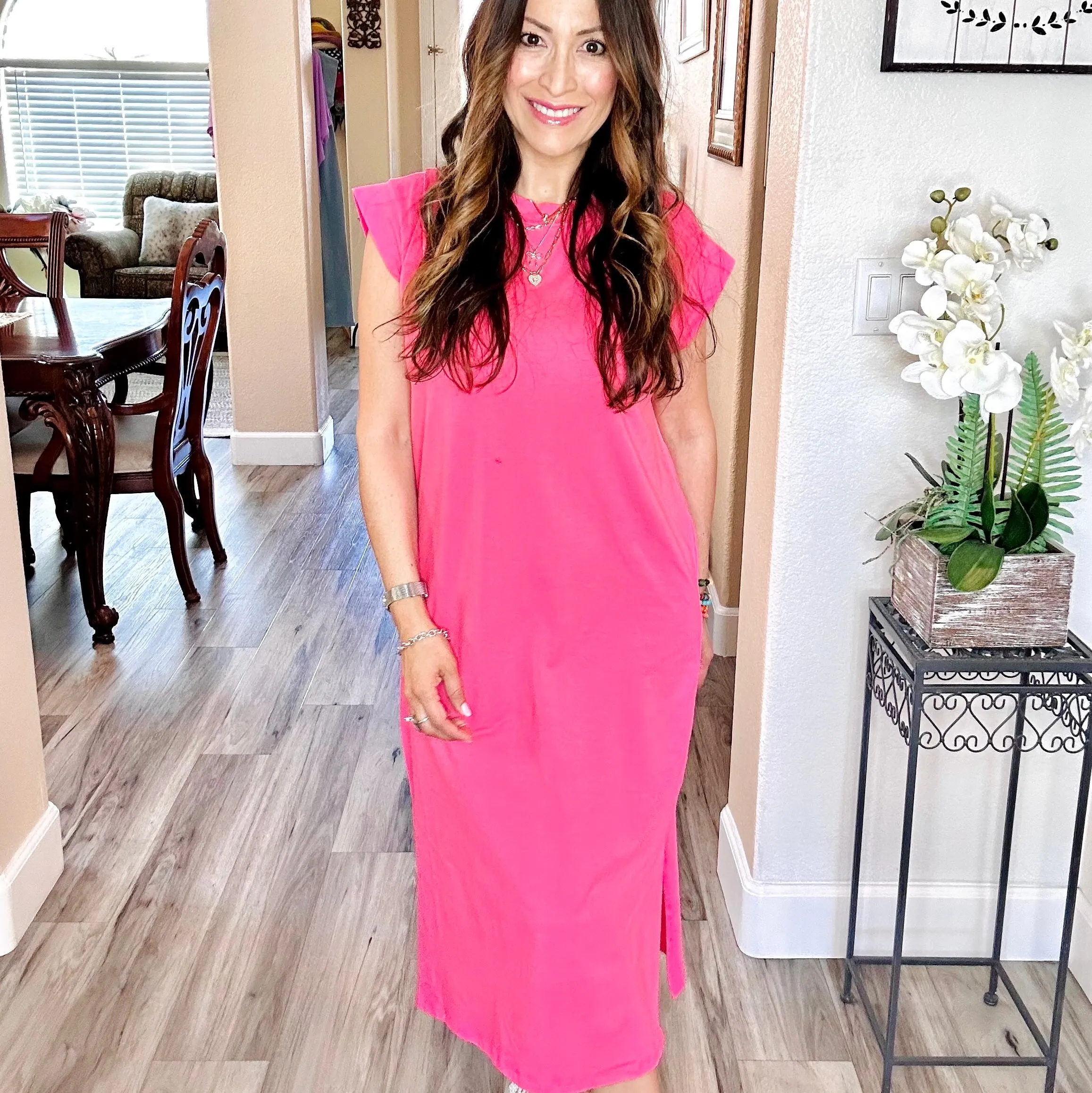 Round Neck Short Sleeve Midi Dress | S-XL