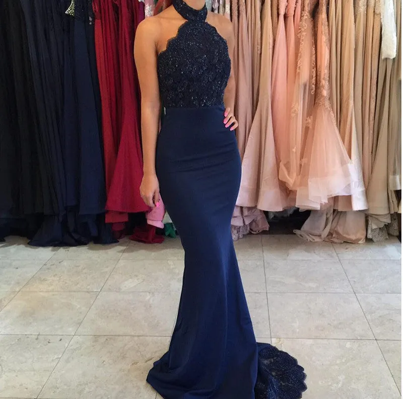Roycebridal Modest Halter Mermaid Lace Prom Dresses Beads Sweep-Train
