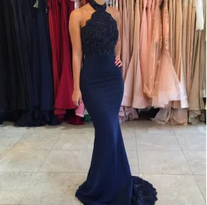 Roycebridal Modest Halter Mermaid Lace Prom Dresses Beads Sweep-Train