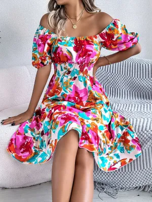 Ruffled Hem Smocked Floral Short Sleeve Midi Dress