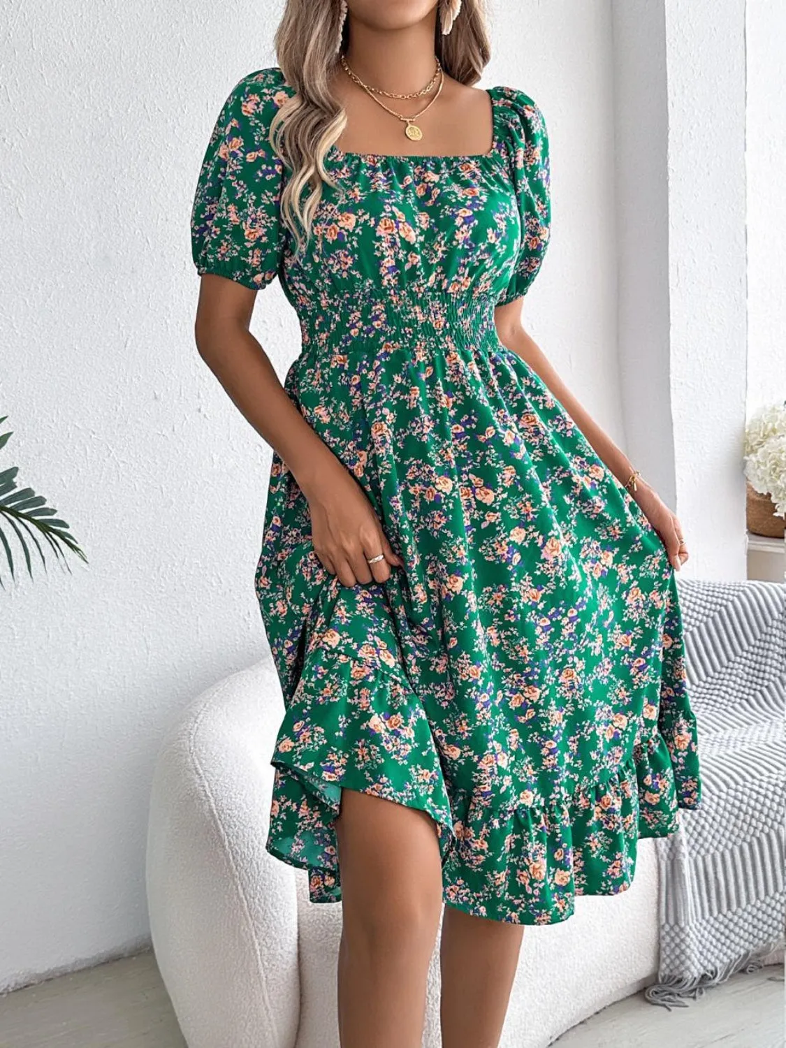 Ruffled Hem Smocked Printed Puff Sleeve Dress