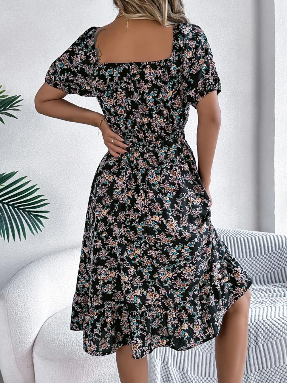 Ruffled Hem Smocked Printed Puff Sleeve Dress