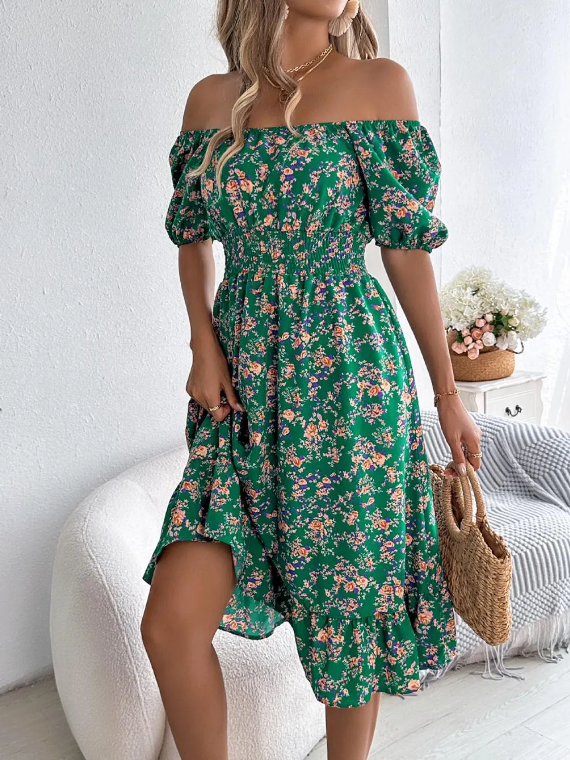 Ruffled Hem Smocked Printed Puff Sleeve Dress
