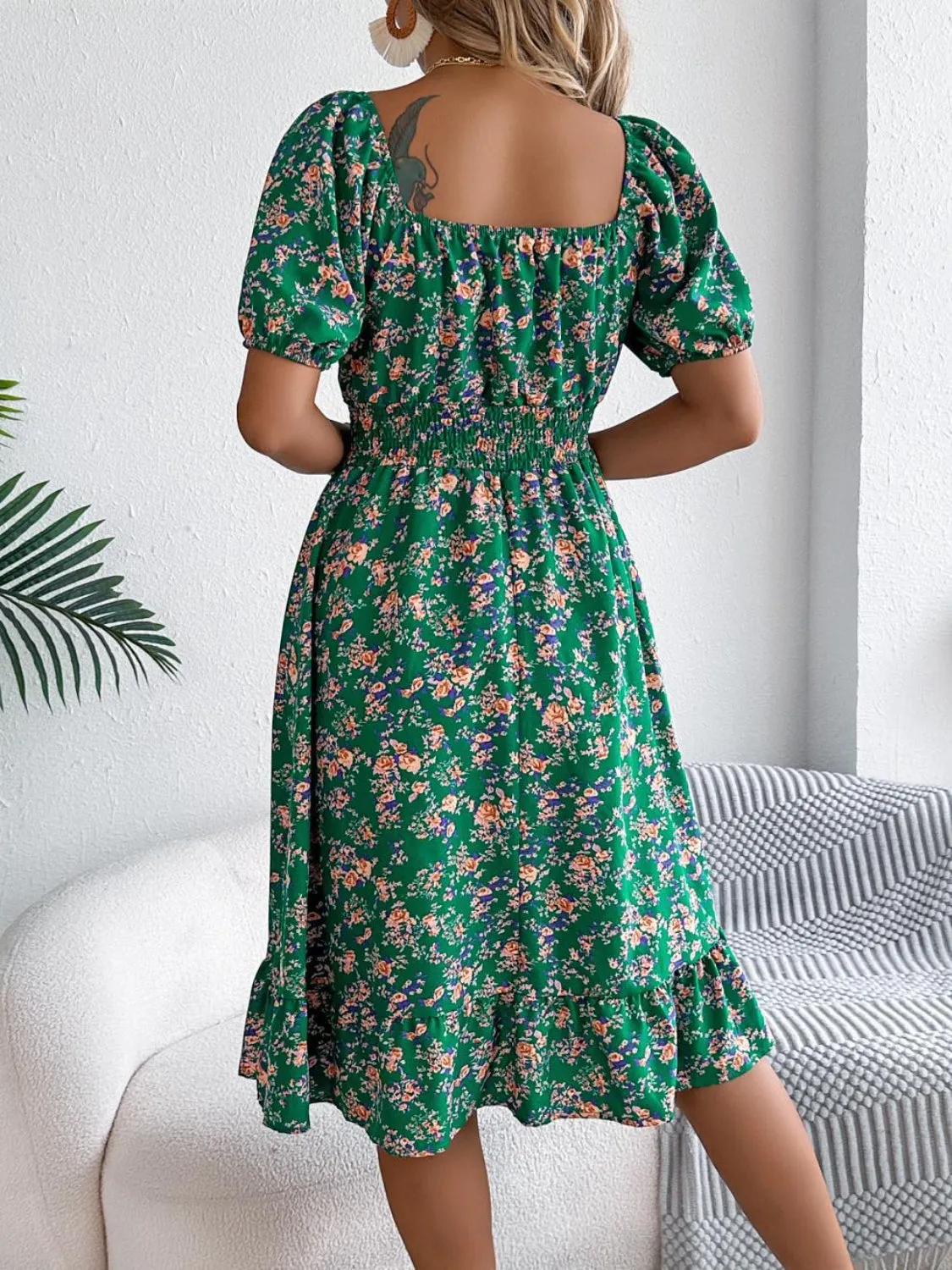 Ruffled Hem Smocked Printed Puff Sleeve Dress