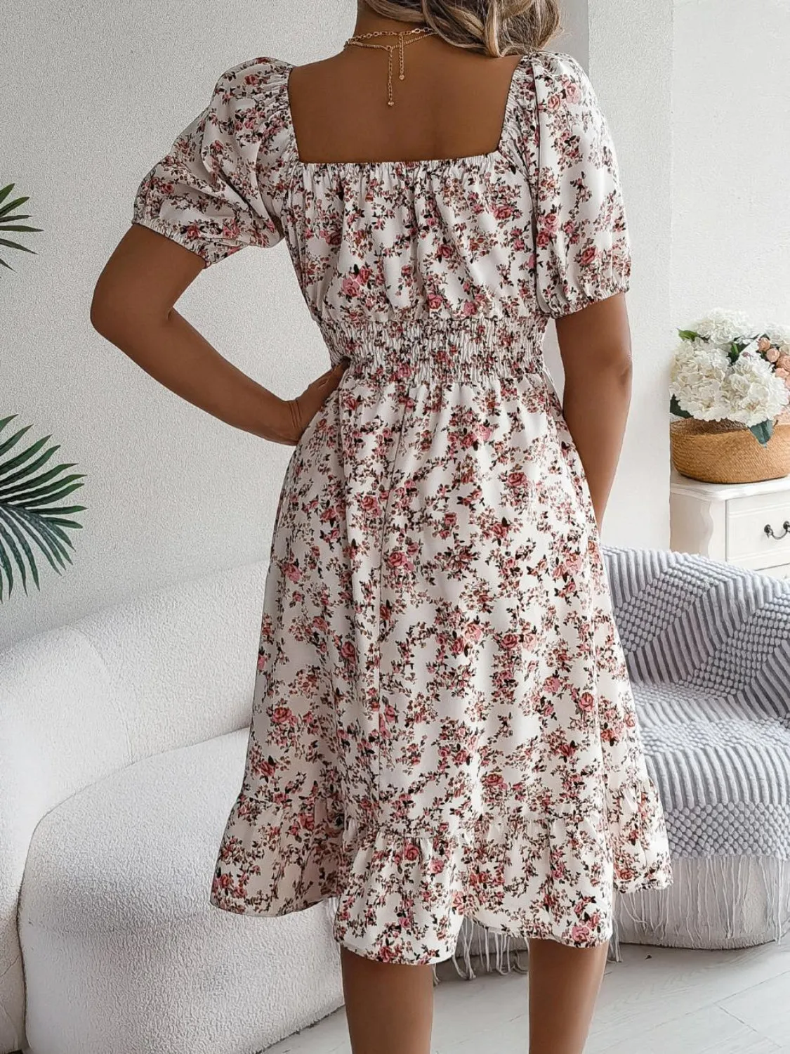 Ruffled Hem Smocked Printed Puff Sleeve Dress