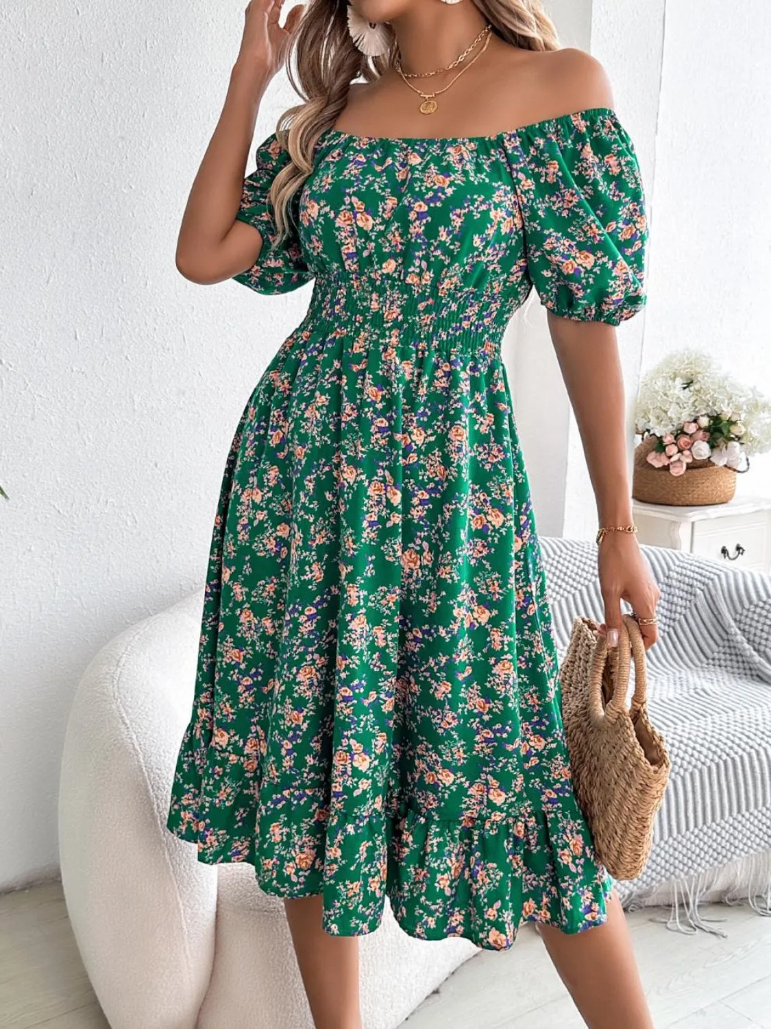 Ruffled Hem Smocked Printed Puff Sleeve Dress