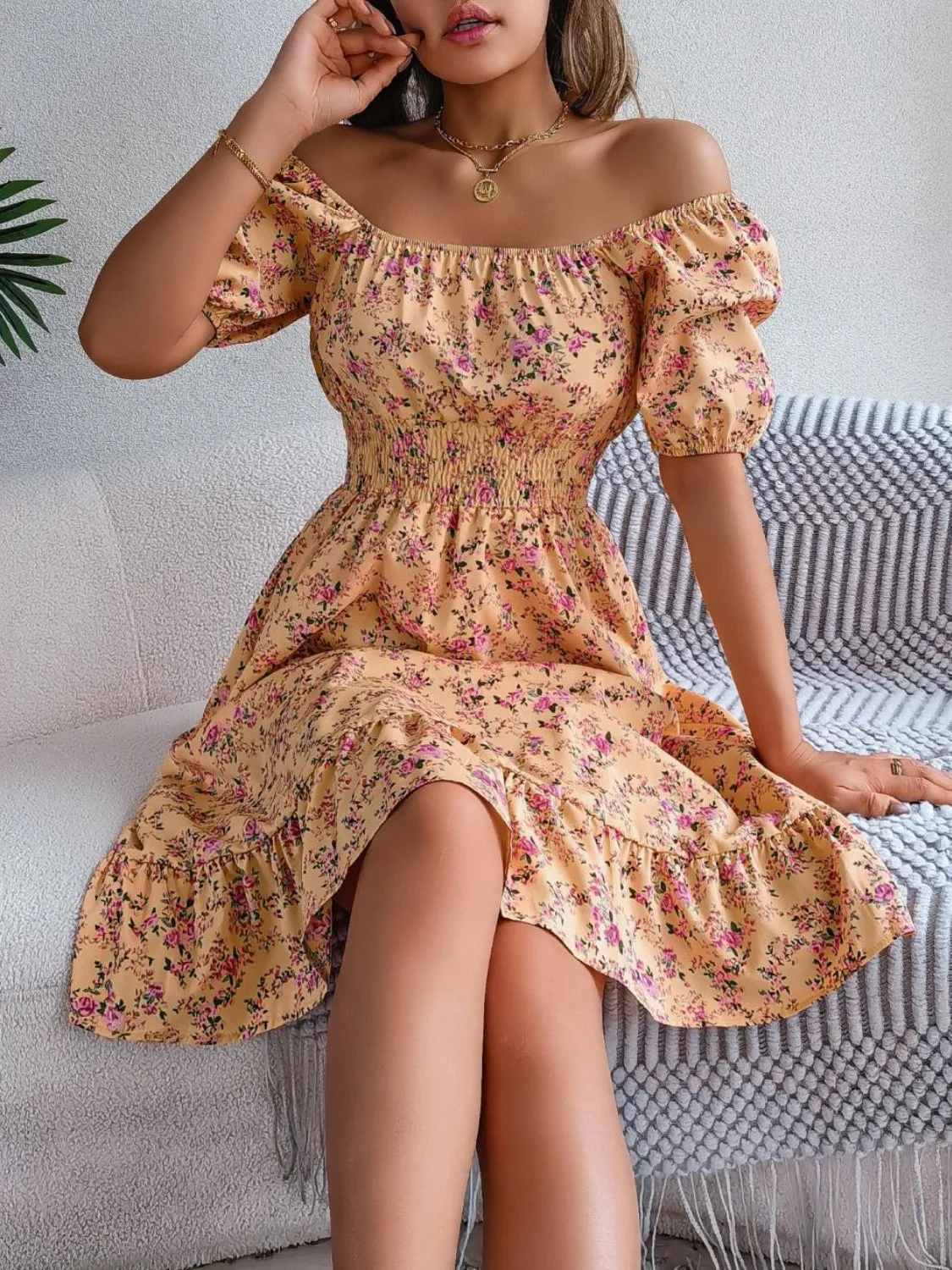 Ruffled Hem Smocked Printed Puff Sleeve Dress