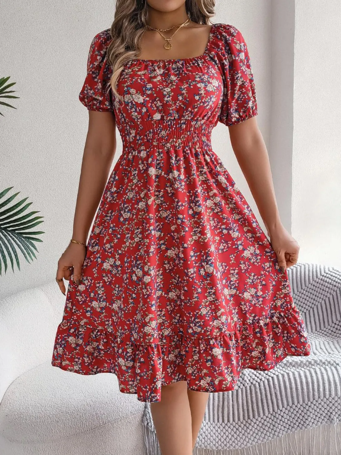 Ruffled Hem Smocked Printed Puff Sleeve Dress