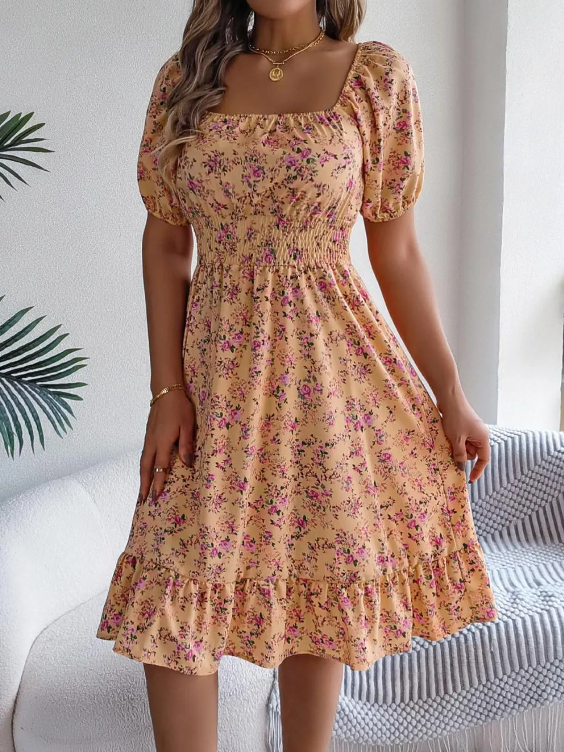 Ruffled Hem Smocked Printed Puff Sleeve Dress