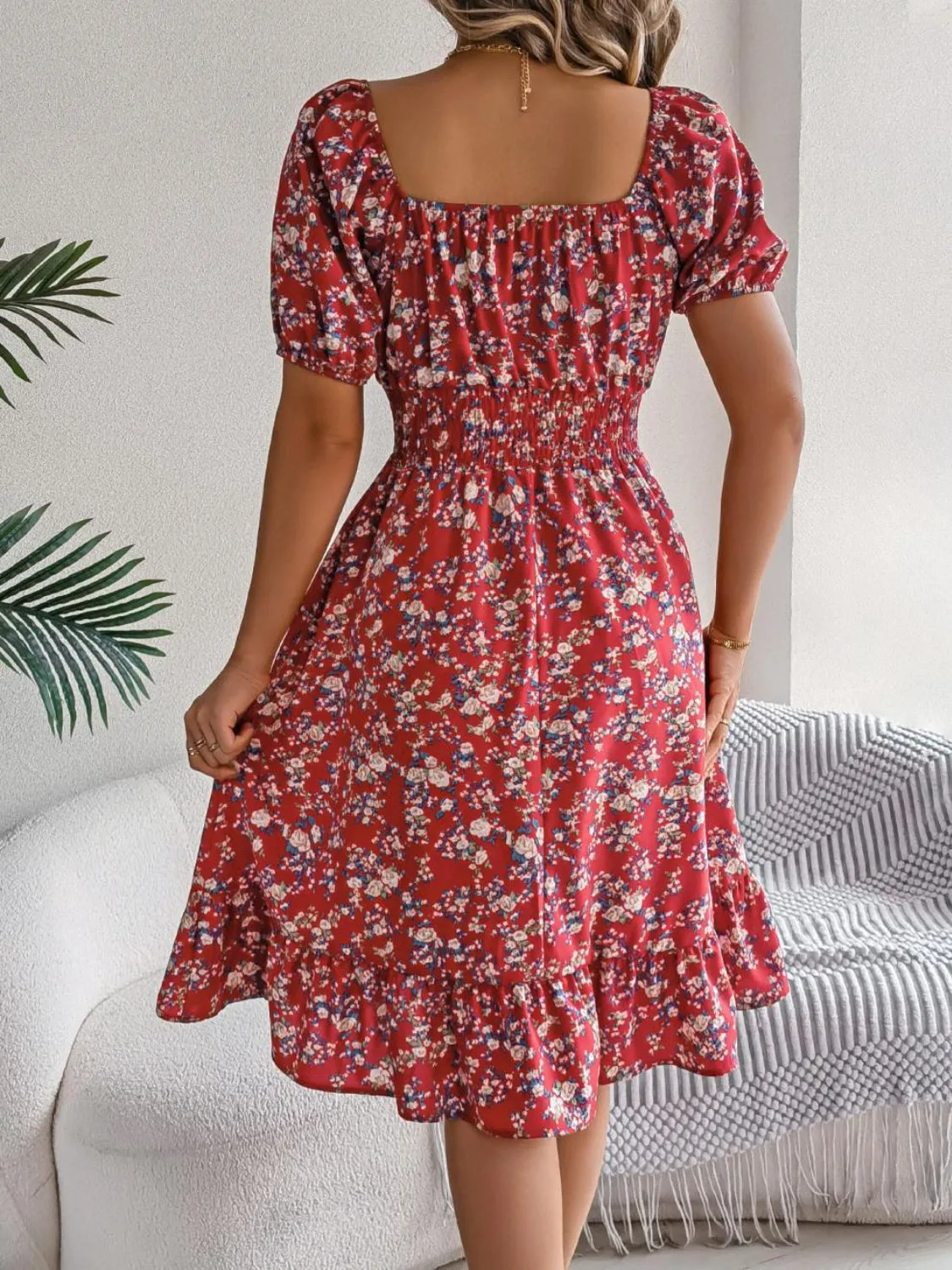 Ruffled Hem Smocked Printed Puff Sleeve Dress