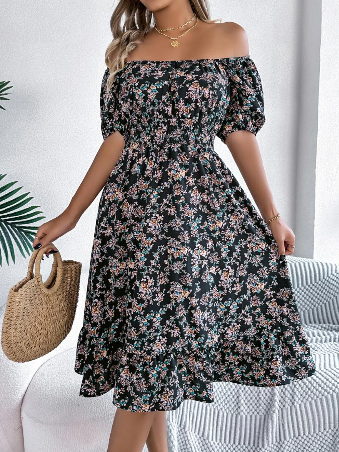 Ruffled Hem Smocked Printed Puff Sleeve Dress