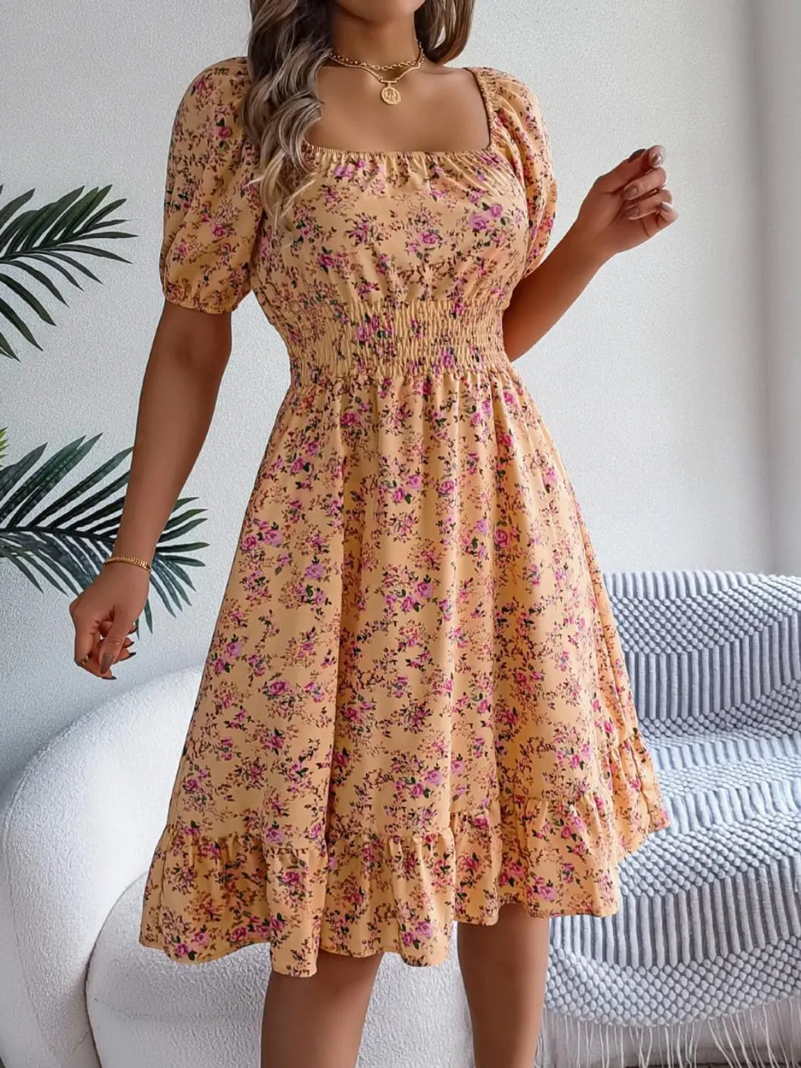 Ruffled Hem Smocked Printed Puff Sleeve Dress