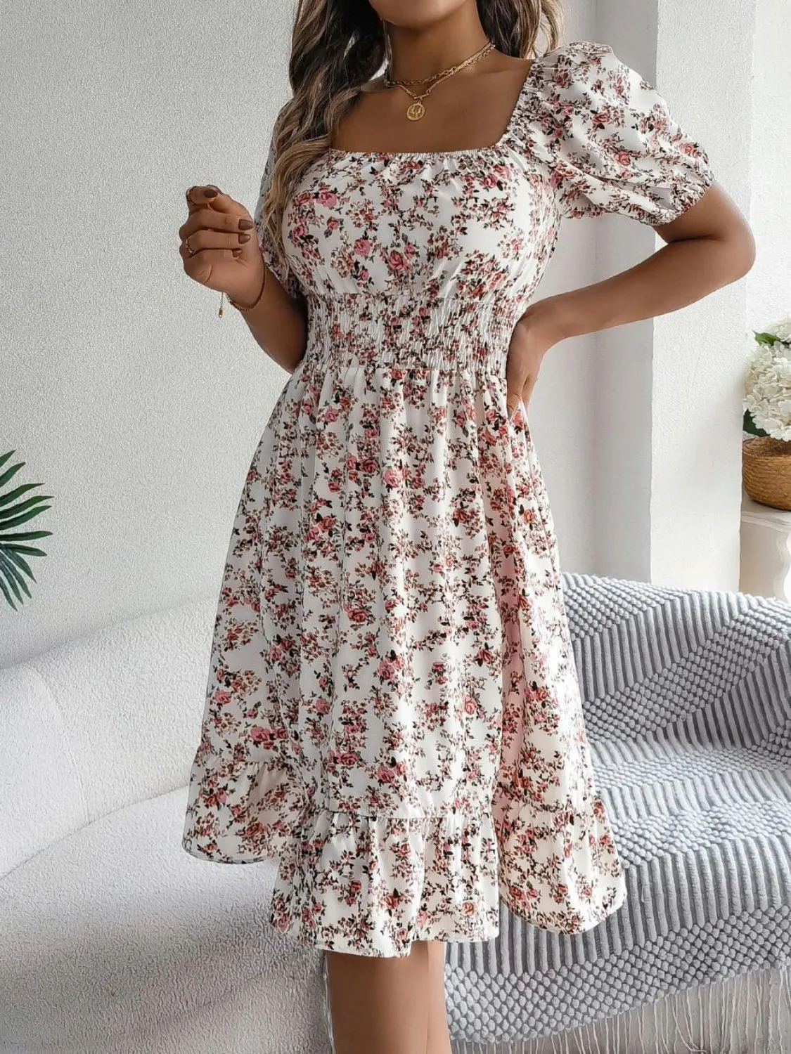 Ruffled Hem Smocked Printed Puff Sleeve Dress