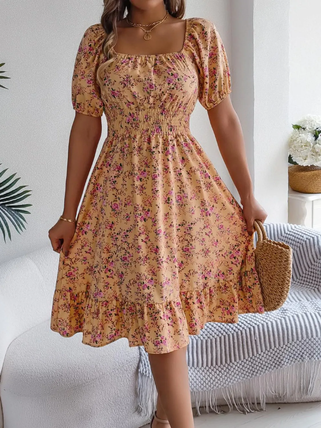 Ruffled Hem Smocked Printed Puff Sleeve Dress