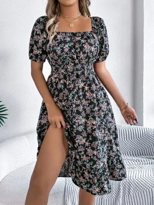 Ruffled Hem Smocked Printed Puff Sleeve Dress