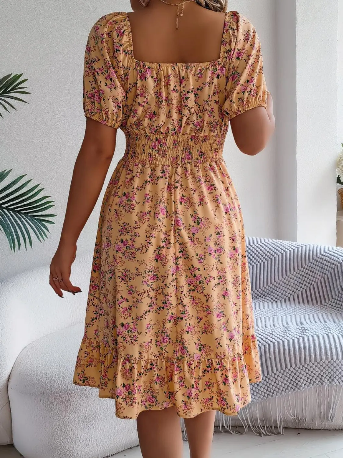 Ruffled Hem Smocked Printed Puff Sleeve Dress