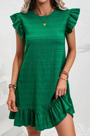 Ruffled Round Neck Cap Sleeve Dress