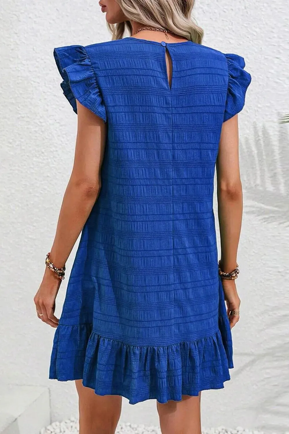 Ruffled Round Neck Cap Sleeve Dress
