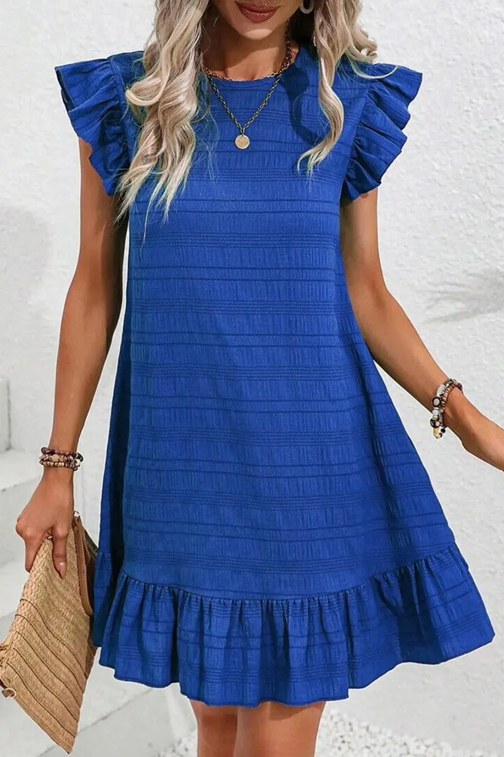 Ruffled Round Neck Cap Sleeve Dress