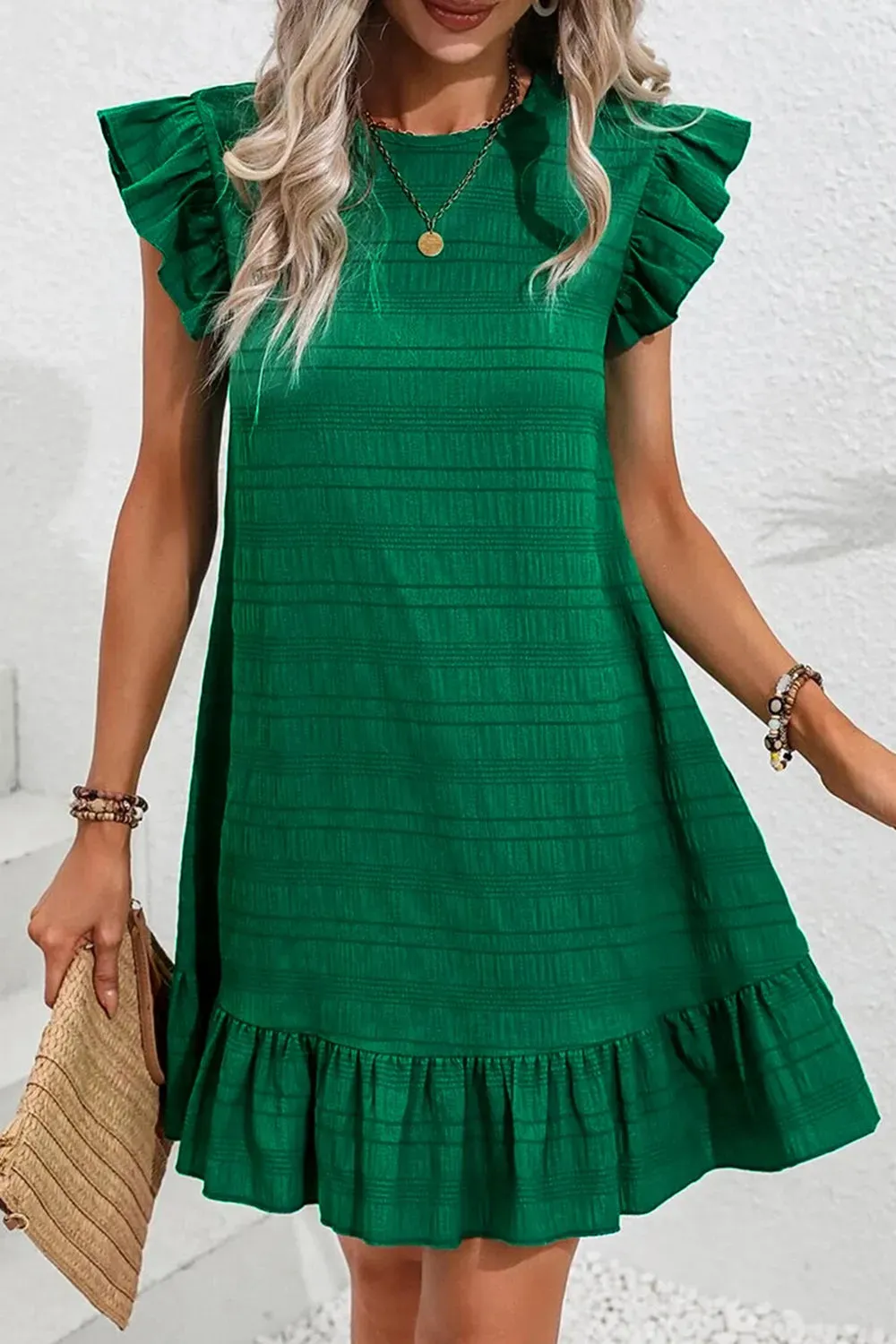 Ruffled Round Neck Cap Sleeve Dress