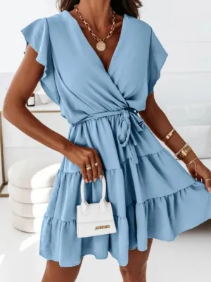 Ruffled Surplice Cap Sleeve Mini Dress